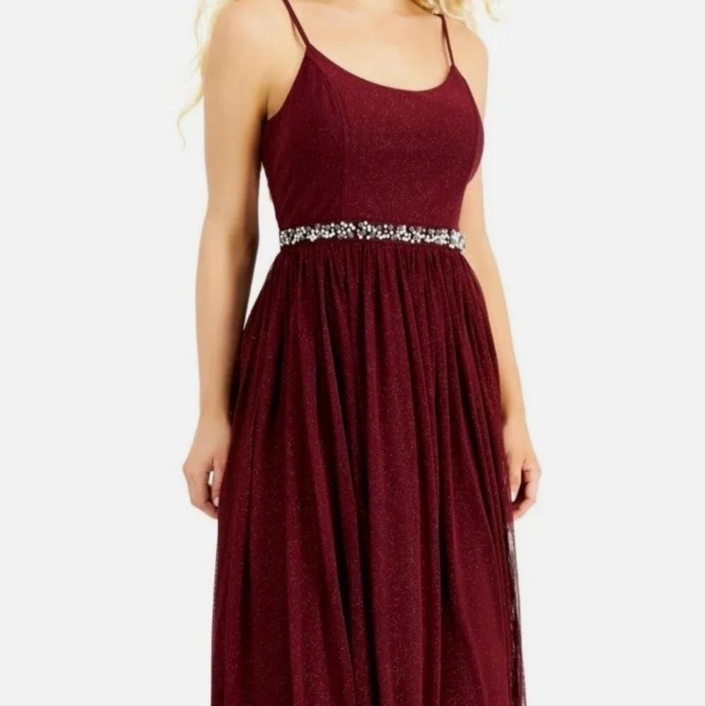 SPEECHLESS Burgundy Glitter Sheer Evening Gown Size 9 Beaded Flowing Faux pearl - Picture 7 of 17